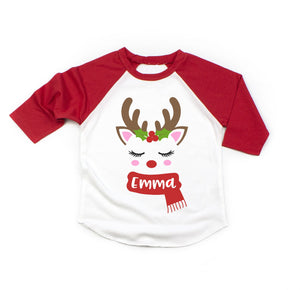 Toddler and Baby Girl Cute Christmas Reindeer Personalized Raglan Shirt